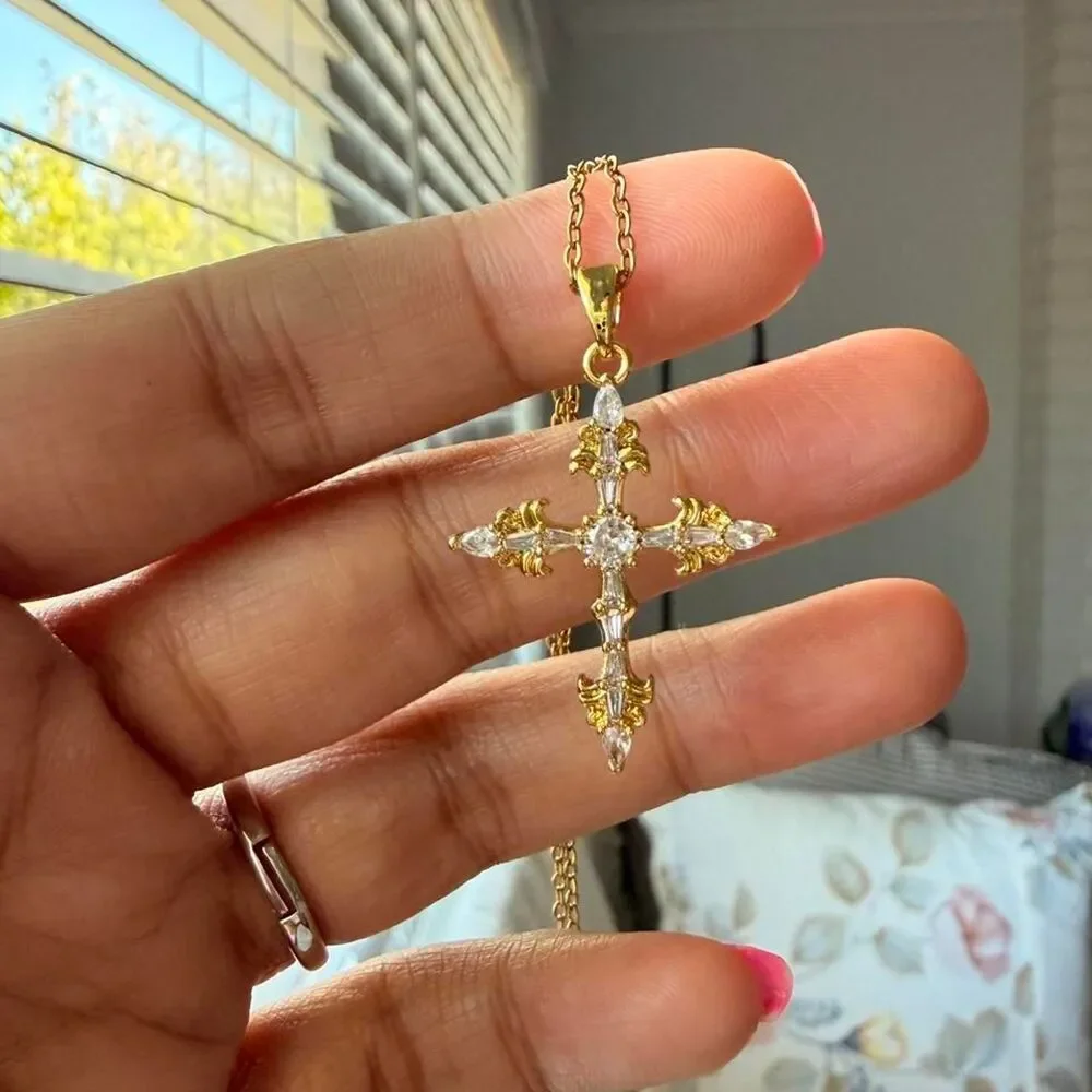 Gold Tone Cross Pendant Necklace | CZ Rhinestones | Adjustable
